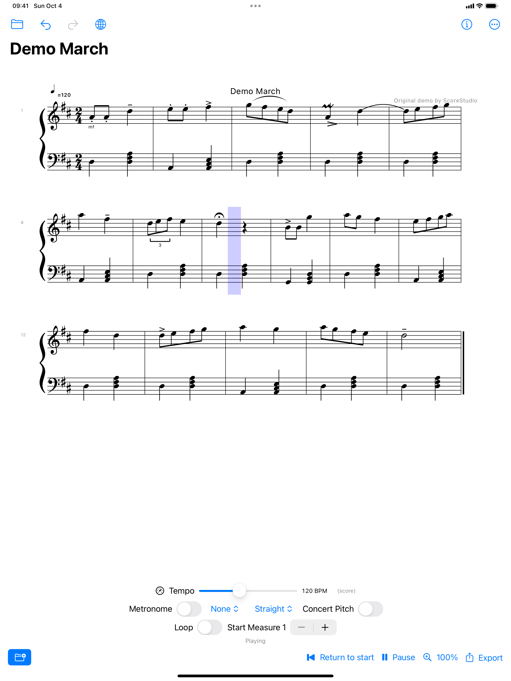 Playing: transport with return-to-start, pause and resume
